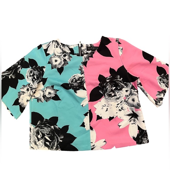 ELOQUII Colorblock Floral Cropped Blouse Hot Pink & Turquoise Plus Size - Picture 1 of 5